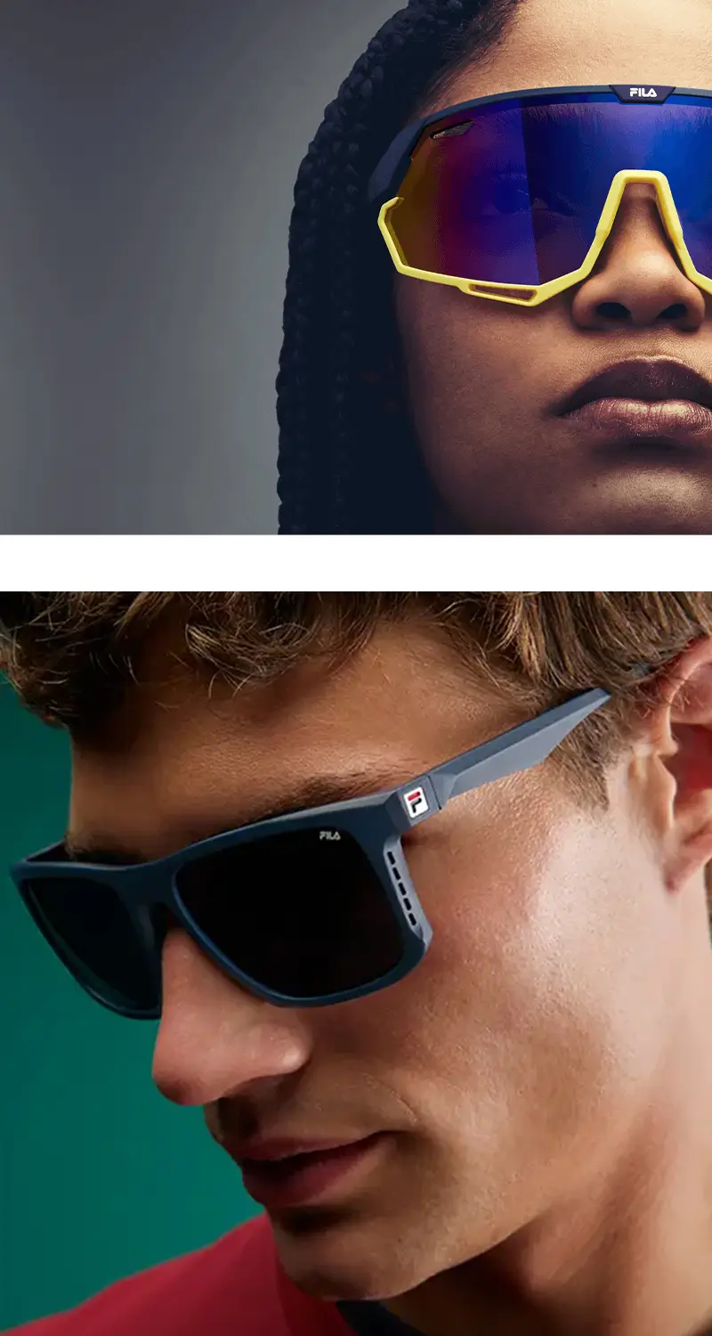 performance sunglasses worn by 2 models man and women